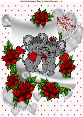 Hearts and Roses with Cute Little Mice on a Scroll A4
