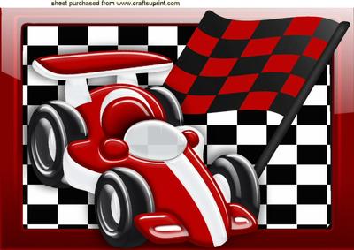 Red Sports Car with Red Flag in Glass Frame A4