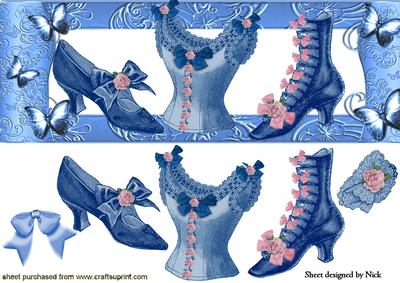 Vintage Ephemera Ladies Corset & Shoes in Blue Butterfly Dl
