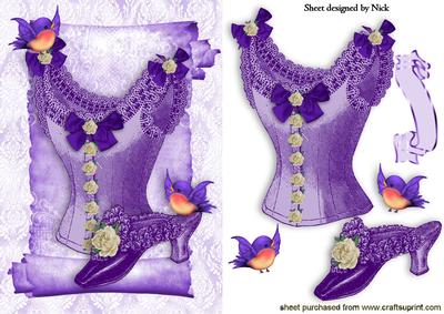 Purple Vintage Basque, Shoe & Little Birds on a Scroll