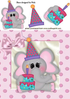 Birthday Ele with Her Cake and Party Hat 8x8