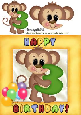 Little Monkeys 3rd Birthday with Balloons 8x8