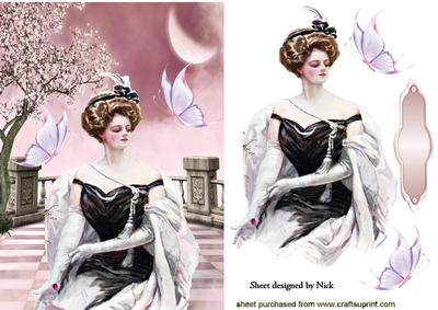 Vintage Lady in Fantasy Garden with Butterflies