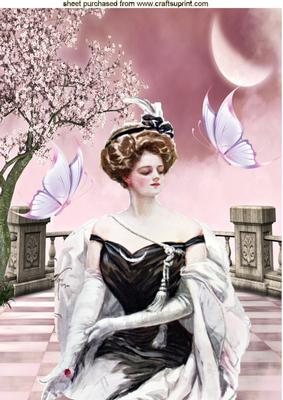 Vintage Lady in Fantasy Garden with Butterflies A4