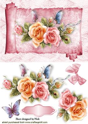 Beautiful Flowers with Butterflies on a Lace Scroll