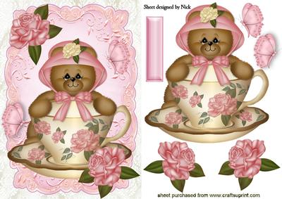 Little Teddy in Rose Teacup with Butterflies