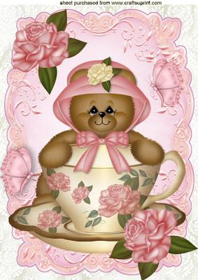Little Teddy in Rose Teacup with Butterflies A4