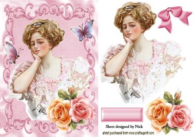 Elegant Lady with Peach/pink Roses and Butterflies
