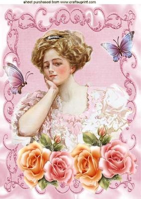 Elegant Lady with Peach /pink Roses with Butterflies A4