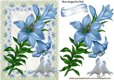 Blue Lillies in Floral Frame with Doves