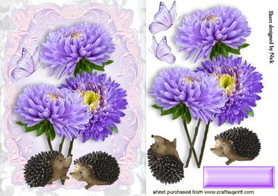 Lilac Dahlias in Pretty Ornate Frame with Cute Hedgehogs