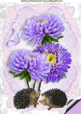 Lilac Dahlias with Hedgehog in Ornate Frame A4