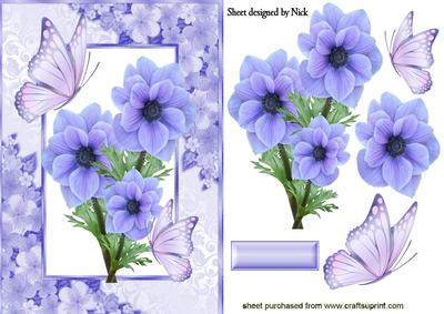 Pretty Blue Flowers in Floral Frame with Butterflies