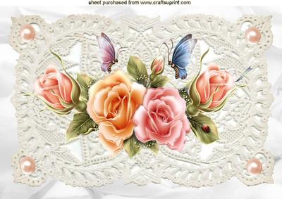 Vintage Ecru Lace with Pearls and Peach/pink Roses A4