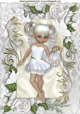Sweet Little Fairy in White Rose Frame with Bow A4