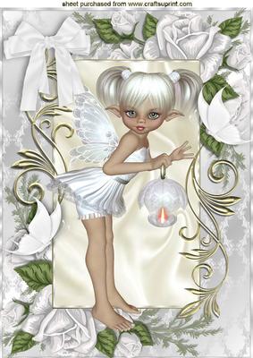 Cute Little Faerie in White Rose Frame with Butterflies A4
