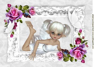 Sweet Faerie Laying Down in Frame of Pink Roses A4