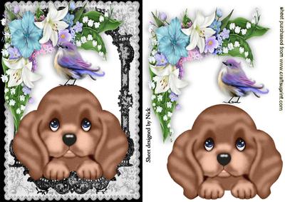 Little Puppy with Little Bird in Flower Frame