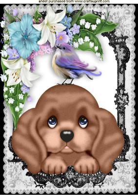 Little Puppy with Little Bird in Flower Frame A4