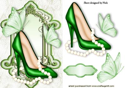 Green Shoes with Pearls in Ornate Frame with Butterflies