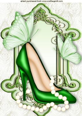 Green Shoe with Pearls in Ornate Frame with Butterflies A4