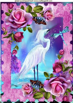Fantasy Scene with White Stork and Roses A4