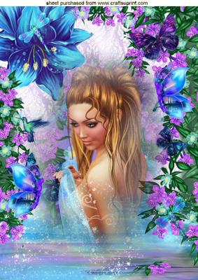 Fantasy Water Maiden with Flowers and Butterflies A4