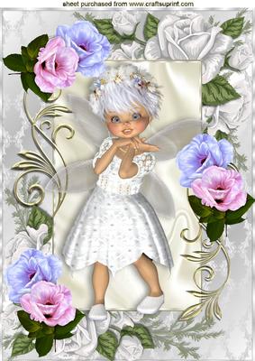 Fantasy Little White Faerie with Roses and Flowers in Frame