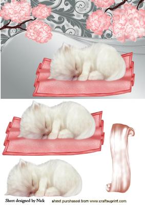 Cute Little Kitten Sleeping with Peach Flowers