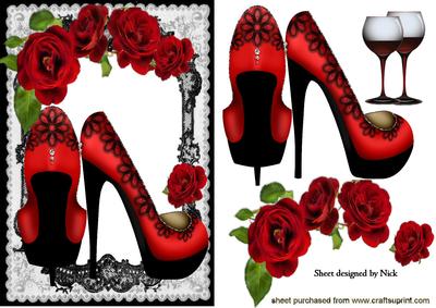 Red Shoes with Red Roses in Black Lace