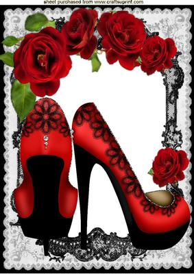 Red Shoes, Red Roses in Black Lace A4