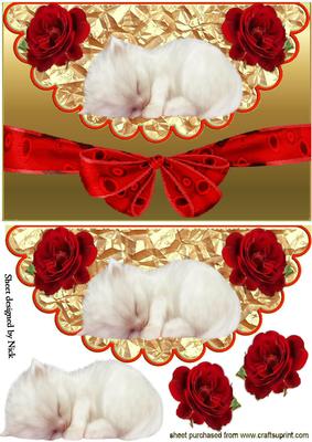 Kitten Sleeping on Scalloped Envelope with Red Roses