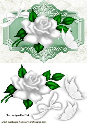 White Roses on Lace with White Butterflies