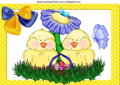 Easter Chicks with Butterfly and Blue Flower A4