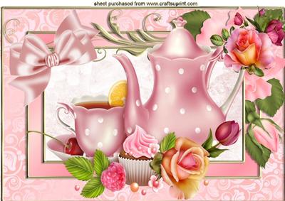 Pretty Roses in Rose Frame with China Teapot A4