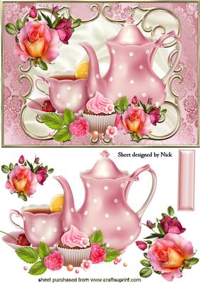 Pink Roses with Teapot & Cup in Scroll Frame