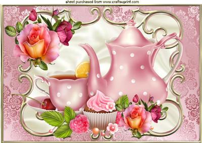 Pink Roses with Teapot & Cup in Scroll Frame A4