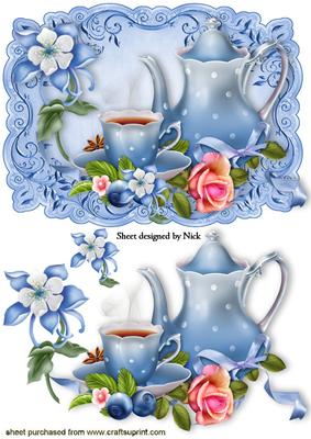 Time for Tea! with Pretty Rose and Cornflower Blue Flowers