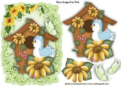 Little Bird in Birdhouse with Sunflowers