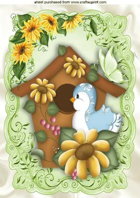Litle Bird in Birdhouse with Sunflowers A4