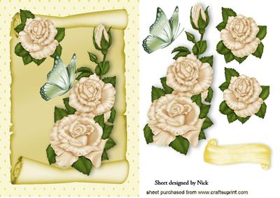 Cream Roses on a Scroll with Butterfly