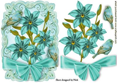 Pretty Turq Flowers with Little Birds and Bow