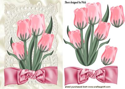 Pink Tulips on Vintage Lace with Bow