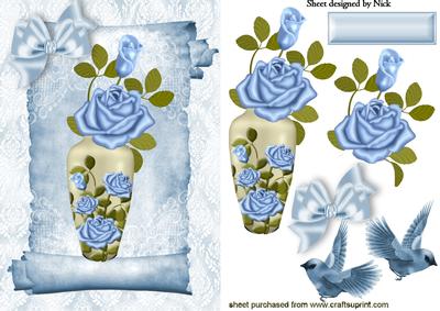 Beautiful Blue Roses in a Vase with Birds