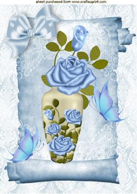 Beautiful Blue Roses in a Vase on a Scroll with Butterflies
