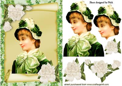 Pretty Vintage Irish Lady on a Scroll with Cream Roses