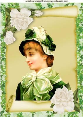 Vintage Irish Lady on a Scroll with Cream Roses A4