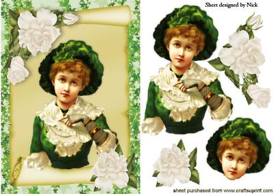 Pretty in Green Vintage Lady with Cream Roses