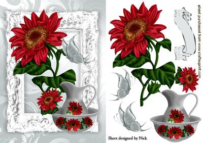 Red Sunflowers and Pitcher in Silver Frame