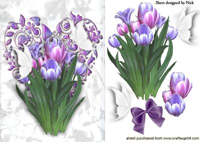Pink/purple Tulips on a Heart with Butterflies